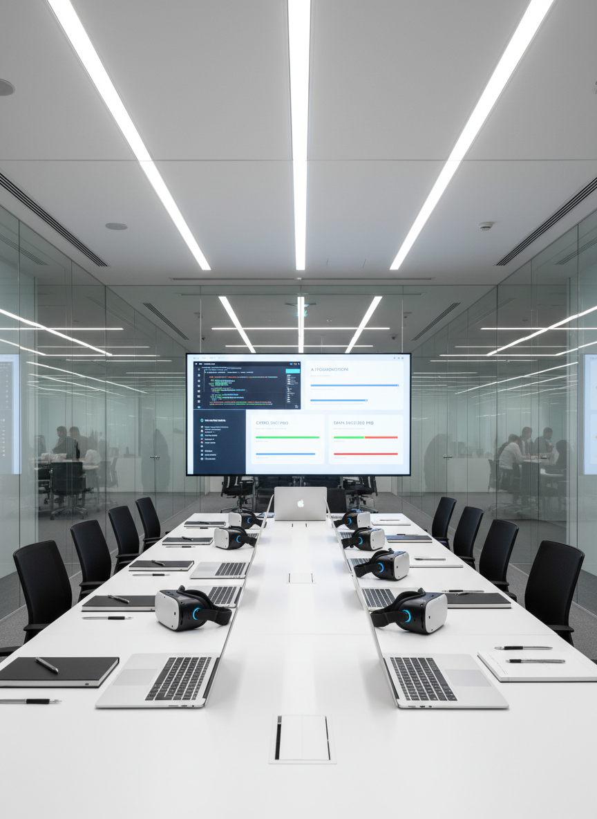 A modern training space featuring a long, white conference table covered with open laptops, neatly stacked notebooks, and sleek VR headsets, all arranged with deliberate symmetry. Behind the table, a large wall-mounted digital screen displays an interface of colorful tech academy course modules and progress bars. The room is enclosed by glass panels with subtle reflections of other high-tech workspaces beyond. Bright, even LED ceiling lights cast a clear, neutral light, eliminating harsh shadows and highlighting the polished surfaces. Shot from a slightly elevated angle with sharp focus throughout, the scene conveys an organized, forward-looking tech education environment with a professional, photographic realism style suitable for a business-focused site.