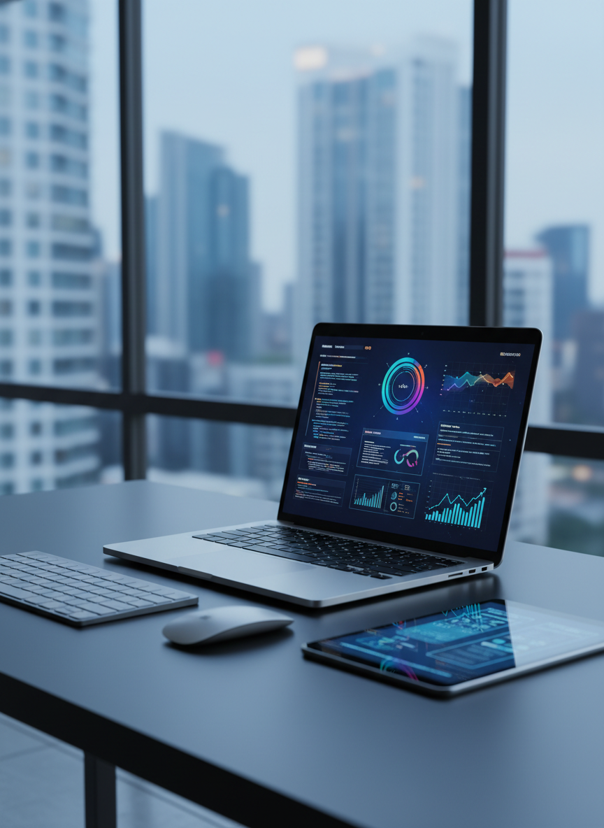 A sleek, silver laptop with a vibrant, high-resolution screen displaying a futuristic dashboard of colorful data visualizations, code snippets, and startup analytics, resting on a spotless matte-black desk. Around it, neatly arranged are a wireless keyboard, a minimalist mouse, and a slim digital tablet showing a schematic of a mobile app. In the background, large glass walls reveal a blurred city skyline with modern high-rises. Cool, diffused daylight from unseen windows creates soft reflections on metallic surfaces and subtle shadows along the desk’s edge. Photographic realism with a clean, modern aesthetic, captured at eye level with a shallow depth of field, creates a professional, focused atmosphere ideal for a Generation-Z tech accelerator’s homepage hero image.