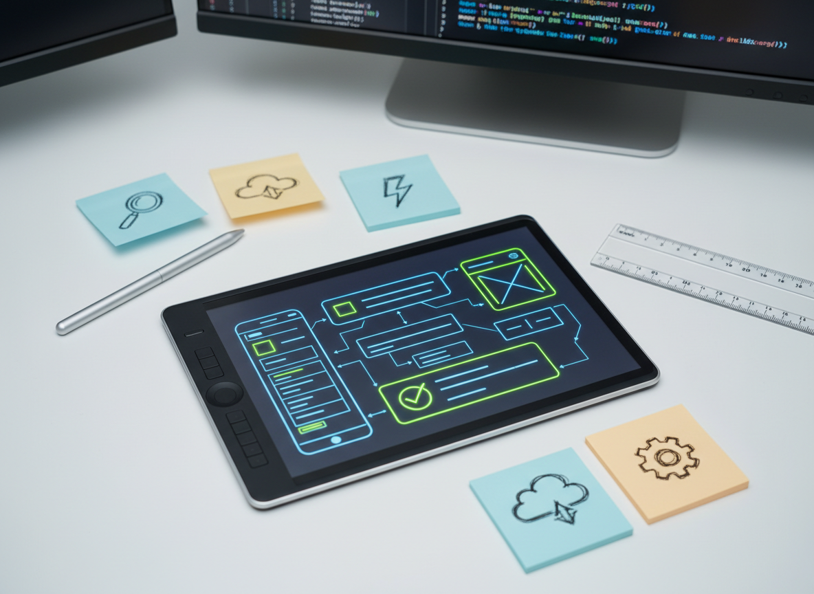 A close-up, overhead view of a dark graphite tablet on a smooth white desk, the tablet screen glowing with a detailed wireframe of a mobile app interface in neon blues and greens. Surrounding the tablet are precisely aligned sticky notes with sketched icons, a slim metallic stylus, and a transparent ruler with tiny etched measurements. The background softly fades into a blurred monitor displaying lines of clean, colorful code. Cool, soft studio lighting from above creates gentle highlights on the glass screen and crisp but subtle shadows from the stylus. The composition follows the rule of thirds with a shallow depth of field, producing a focused, professional, photographic image that represents hands-on tech accelerator learning.