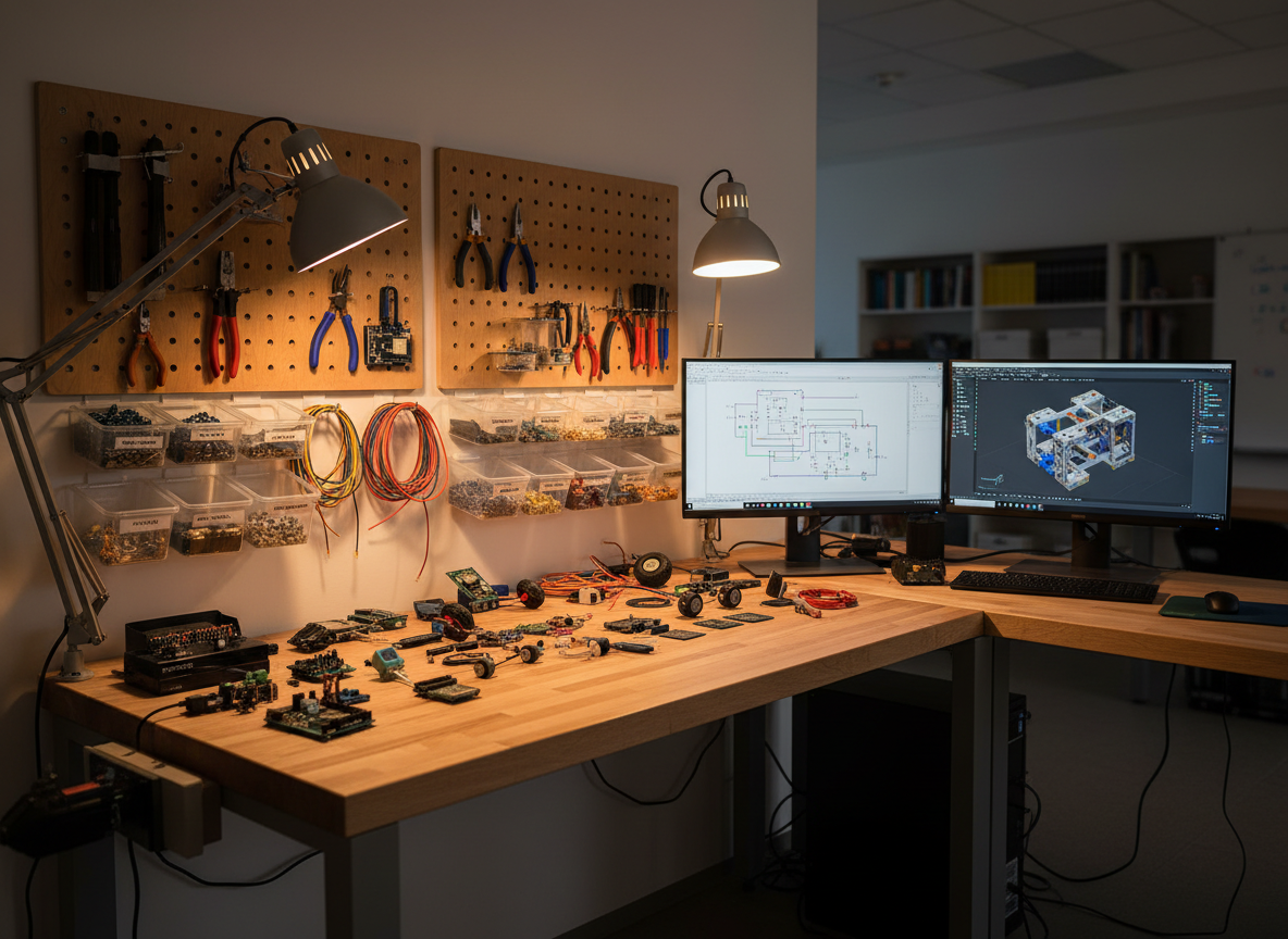 A dedicated “innovation lab” corner featuring a sturdy, light-wood workbench holding neatly arranged single-board computers, microcontrollers, neatly coiled jumper wires, and small robotics components like wheels and sensors. A dual-monitor setup at the end of the bench displays circuit diagrams on one screen and a 3D model of a robot chassis on the other. Pegboards on the wall above hold labeled tools and components in transparent bins. Focused, adjustable task lights cast warm, concentrated beams on the work surface, creating defined yet controlled shadows, while the rest of the room remains softly lit. Shot from a three-quarter angle with moderate depth of field, the photographic realism and organized chaos of components evoke a professional, hands-on tech education space for hardware and robotics learning.