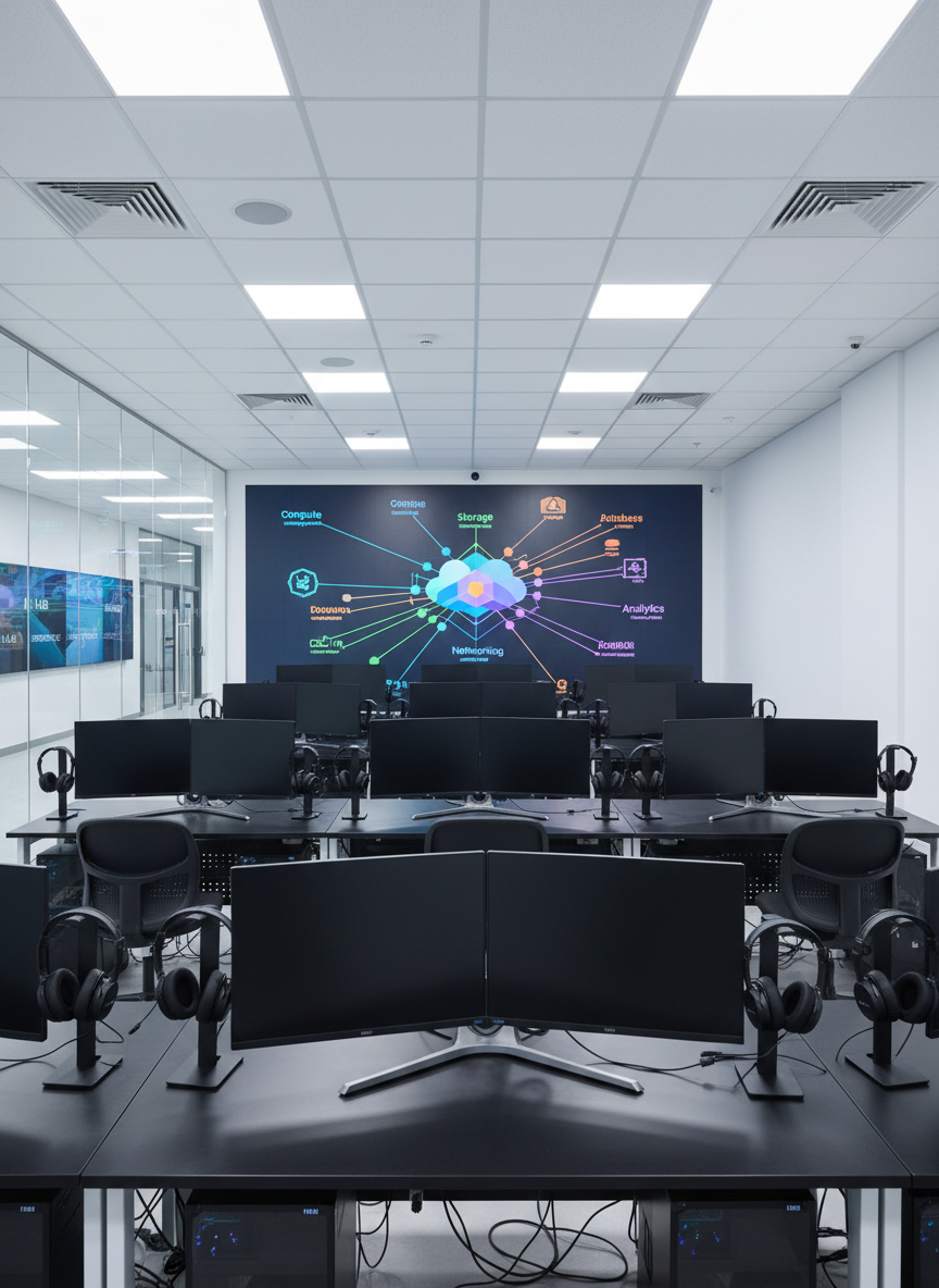 A high-tech classroom layout with rows of slim, black desks each equipped with a powerful workstation, dual monitors, and noise-canceling over-ear headsets resting neatly on stands. At the front, a giant interactive touchscreen board displays a clear diagram explaining a cloud computing architecture, with colorful labeled nodes and connecting lines. Glass walls along one side reveal a corridor with digital signage indicating different lab rooms. Balanced, bright LED panel lighting overhead ensures consistent illumination and minimal glare on screens. Photographically captured from the back of the room toward the front at a moderate height, the composition emphasizes depth and structure, conveying a professional, scalable tech academy environment optimized for intensive learning sessions.
