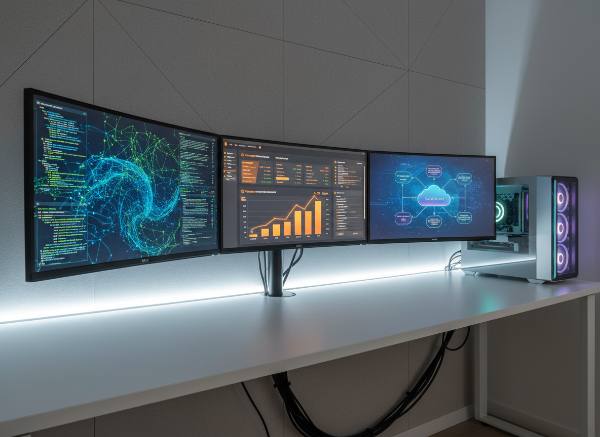 A polished digital lab setup featuring three ultra-wide monitors arranged in a curved formation on a matte white desk, each screen showing different futuristic interfaces: machine learning graphs, startup KPI dashboards, and a cloud architecture diagram. A compact, high-end desktop tower with programmable RGB accents sits to the side, its lights softly glowing teal and violet. Cable management is immaculate, with wires hidden or precisely routed. Neutral gray acoustic panels line the wall behind, giving the space a sophisticated, sound-engineered feel. Cool white LED strip lighting runs along the back edge of the desk, creating a halo effect and subtle reflections. Captured in photographic realism from a slightly low angle, the scene feels cutting-edge, organized, and professionally focused on tech innovation.