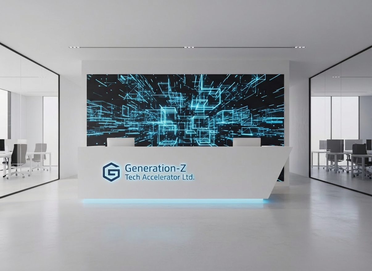 A minimalist tech academy reception area with a floating white reception counter featuring an embedded, backlit logo reading “Generation-Z Tech Accelerator Ltd” in crisp, sans-serif lettering. Behind the counter, a large digital wall display cycles through abstract, geometric animations in electric blue and cyan, evoking data streams and digital networks. The floor is smooth, light concrete, and the surrounding walls are a mix of matte white and glass partitions revealing blurred high-tech workspaces beyond. Soft, diffused natural light enters from the left, complemented by subtle recessed ceiling lights that cast gentle, even illumination with almost no harsh shadows. Shot at eye level with sharp focus and a wide composition, the photographic, ultra-modern aesthetic conveys professionalism and innovation.