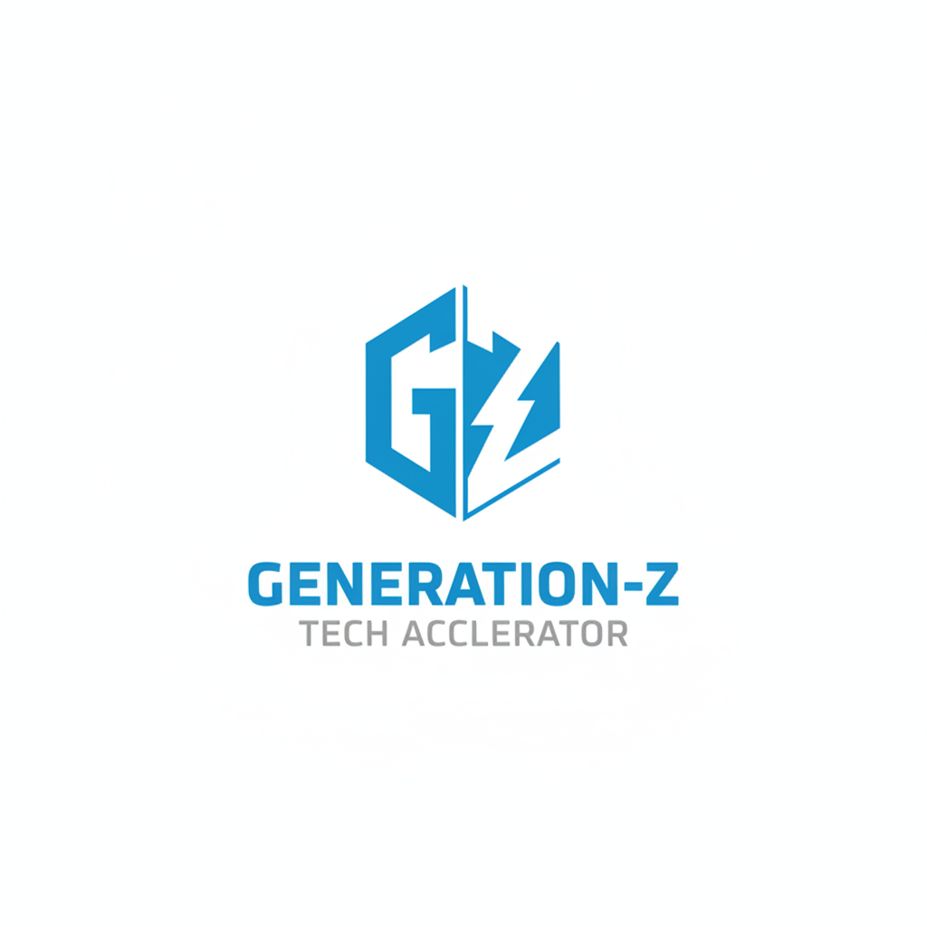 A modern tech academy logo for Generation-Z Tech Accelerator, minimalist design with geometric shapes, electric blue and white colors, suitable for header use